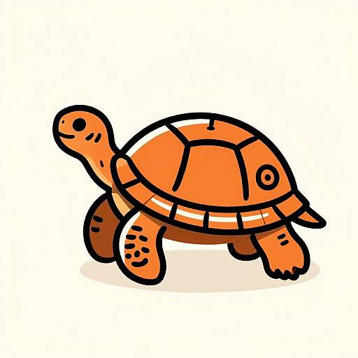 Cartoon-style drawing of an orange turtle with black outlines, white stripes, and simple black-dot patterns on its shell and limbs. White background.