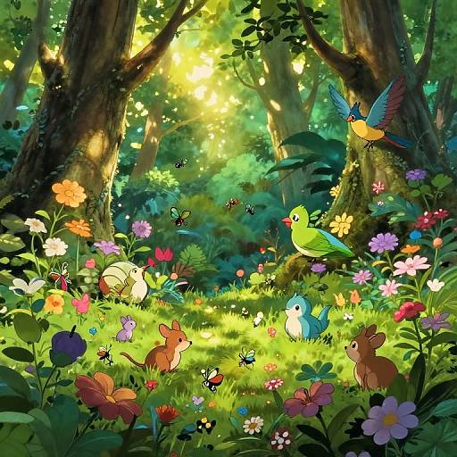 Whimsical forest scene: vibrant flowers, colorful birds, and playful chipmunks under sun-dappled trees, with butterflies fluttering amidst lush