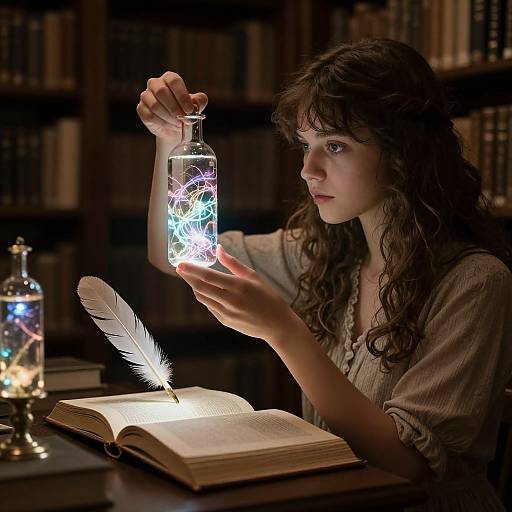 Photograph of a young woman with curly brown hair, wearing a beige blouse, holding a glowing, neon-lit glass bottle over an open book with