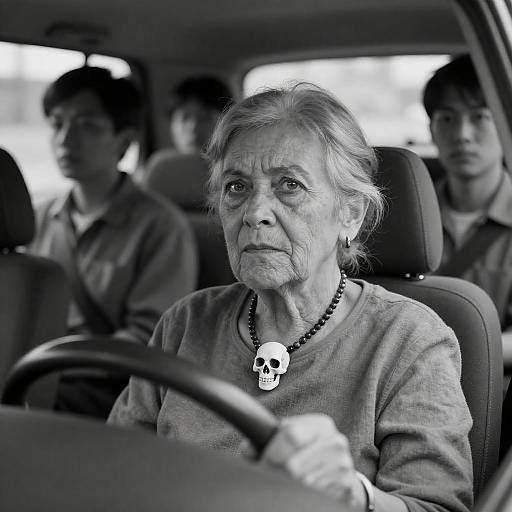 Elderly Woman with Skull Necklace Driving Car