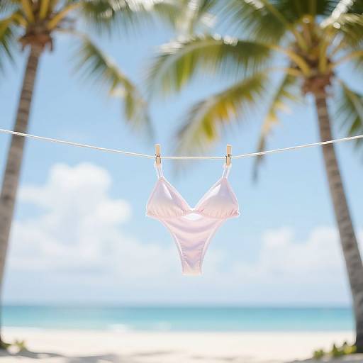 Photograph of a white bikini hanging on a string between two palm trees, with a bright blue ocean and clear sky in the background.
