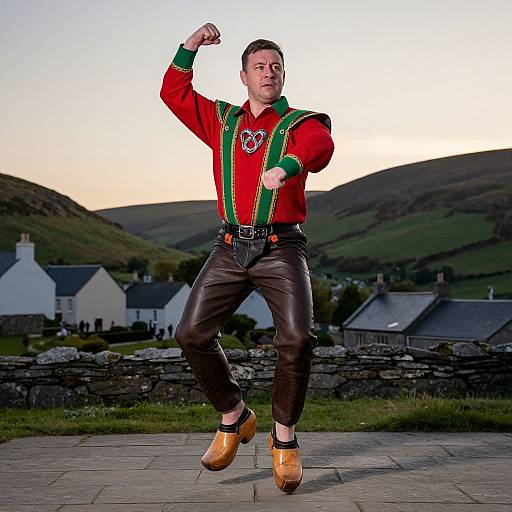 Photograph of a man mid-jump in a red and green festive shirt, black leather pants, and tan shoes, set against a countryside backdrop with