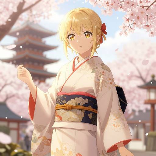 Anime-style digital drawing of a blonde girl with yellow eyes, wearing a white floral kimono, standing under cherry blossoms, with a traditional Japanese temple