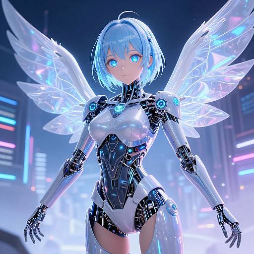 Digital anime-style artwork of a blue-haired, glowing-eyed, robotic female angel with translucent wings standing in a neon-lit, futuristic cityscape.