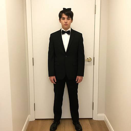 Photograph of a young boy with short black hair, wearing a black tuxedo, white shirt, black bow tie, standing in front of a