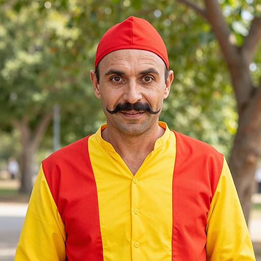 Photograph of a middle-aged man with dark skin, black mustache, wearing a red cap and yellow-red traditional shirt, standing outdoors with a leaf
