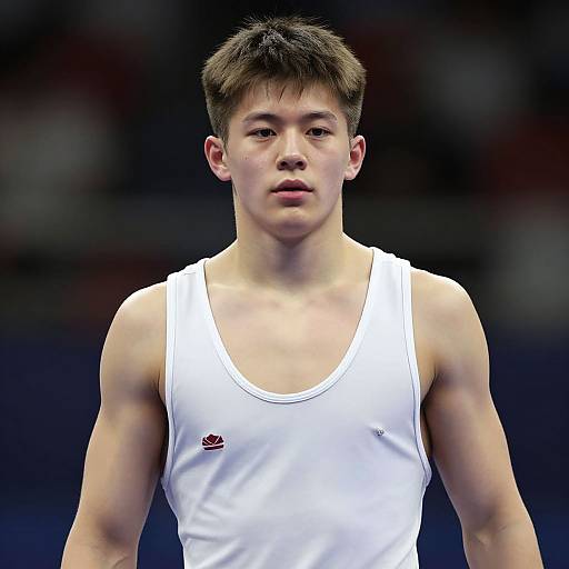 Photograph of a young Asian male wrestler with short brown hair, wearing a white tank top, focused expression, muscular build, indoors.