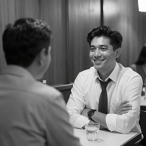 Smiling Man in Restaurant Conversation