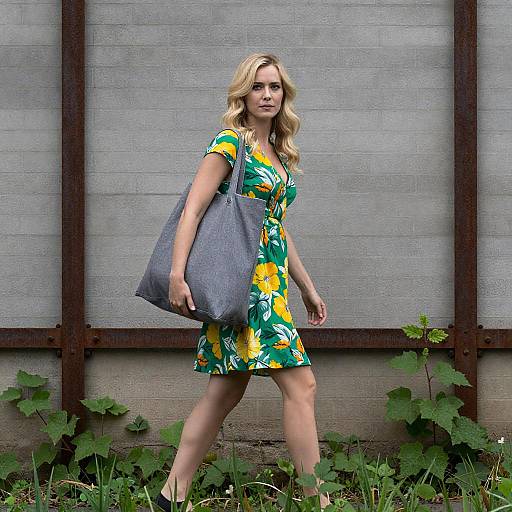 Blonde Woman in Floral Dress Against Brick