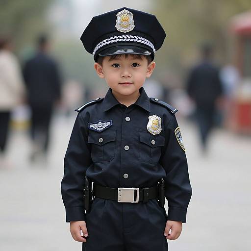 Photograph of a young boy in a black police uniform with a hat, standing in a blurred urban street background.