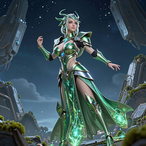 CGI image of a fierce, silver-haired female warrior in glowing green armor, standing in a futuristic, starry night cityscape.