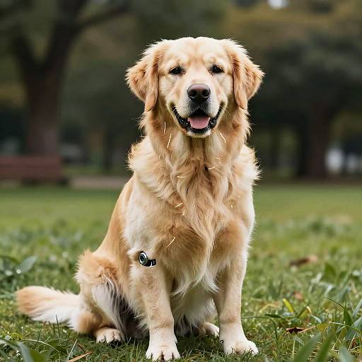Photograph of a golden retriever sitting on green grass, with a blurred park background, in bright daylight, tongue out, smiling.