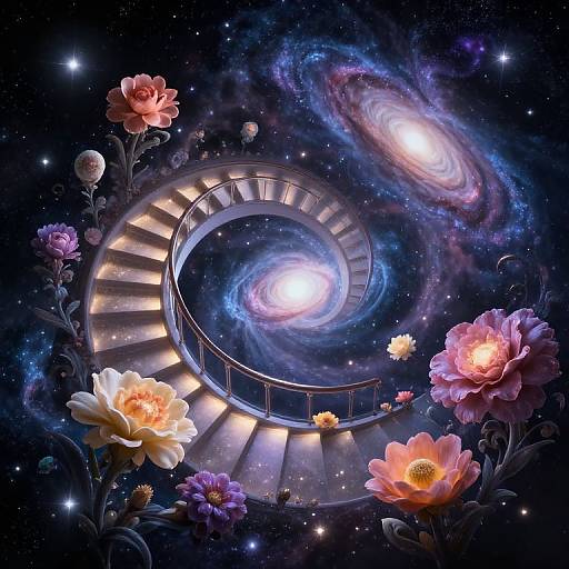 Digital art: Spiral staircase in space, glowing with light, surrounded by colorful flowers and a swirling galaxy, stars scattered in the background.