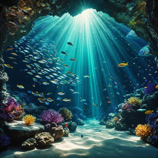 Sunlit Underwater Cave with Tropical Fish