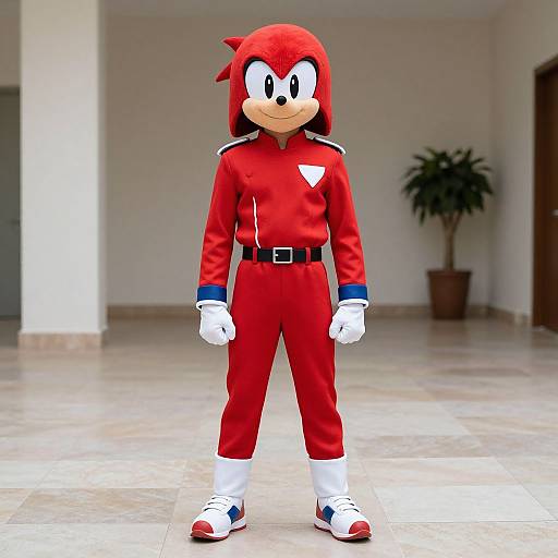 Photograph of a person in a Sonic the Hedgehog-themed red jumpsuit, white gloves, and red shoes, standing in a bright, tiled room