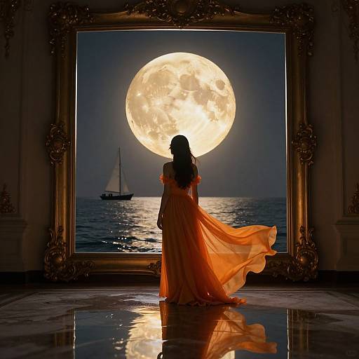 Silhouetted woman in flowing orange dress stands before large, glowing full moon reflected in ornate frame, with sailboat on dark ocean. Phot