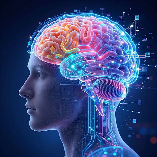 Digital CGI of a side profile woman with a glowing, neon-lit brain against a dark blue background, featuring circuitry and light patterns.