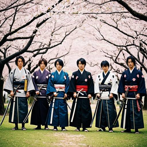 Group of men in traditional samurai attire under cherry blossoms