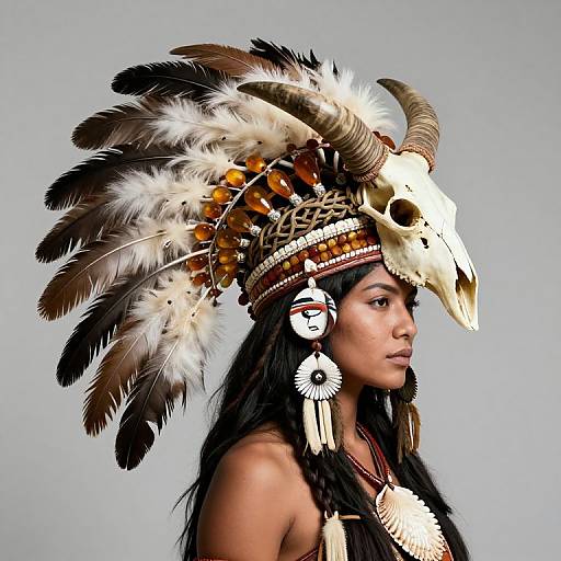 Photograph of a Native American woman with long black hair, wearing a large, ornate feathered and horned headdress, and traditional bone jewelry