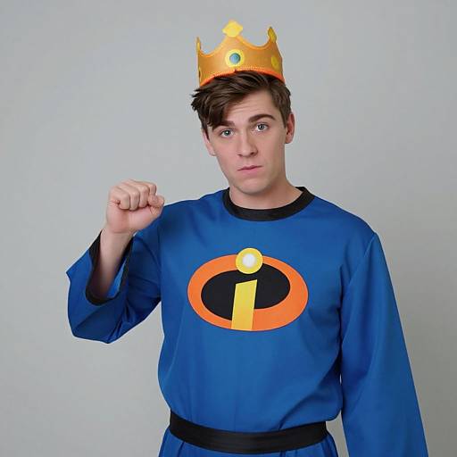 Photograph of a young white man with short brown hair, wearing a golden crown, blue long-sleeve shirt with a logo, and black belt