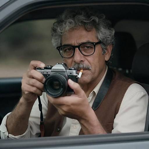 Middle-aged man holding camera with cigarette