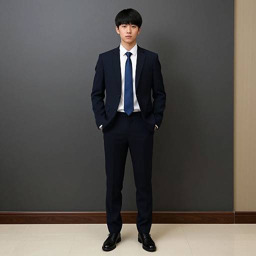 Photograph of a young Asian man with short black hair, standing against a dark gray wall, wearing a black suit, white shirt, blue tie,