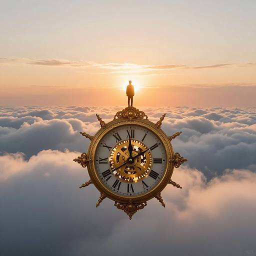 A golden, ornate clock with Roman numerals hovers above a sea of clouds at sunset, with a small bird perched on top. Phot