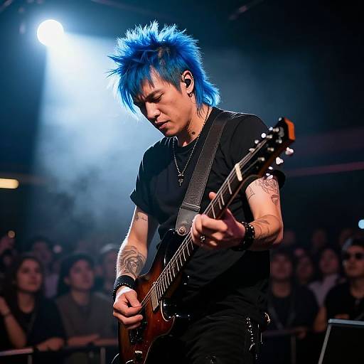 Photograph of a blue-haired, tattooed male musician with spiky hair playing an electric guitar on stage, under bright spotlight, with a crowd in