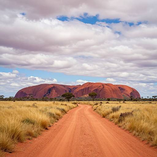 Photograph of a red dirt road leading to massive, reddish-brown Uluru rock formation under a partly cloudy blue sky, with golden grass on