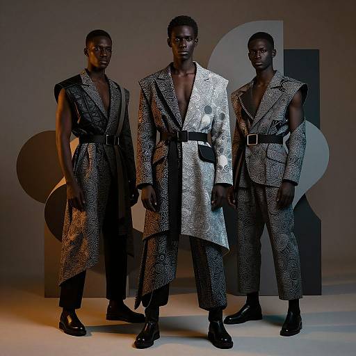 Photograph of three Black men in black-and-silver patterned, belted, long-sleeve suits with open shirts, standing against dark geometric