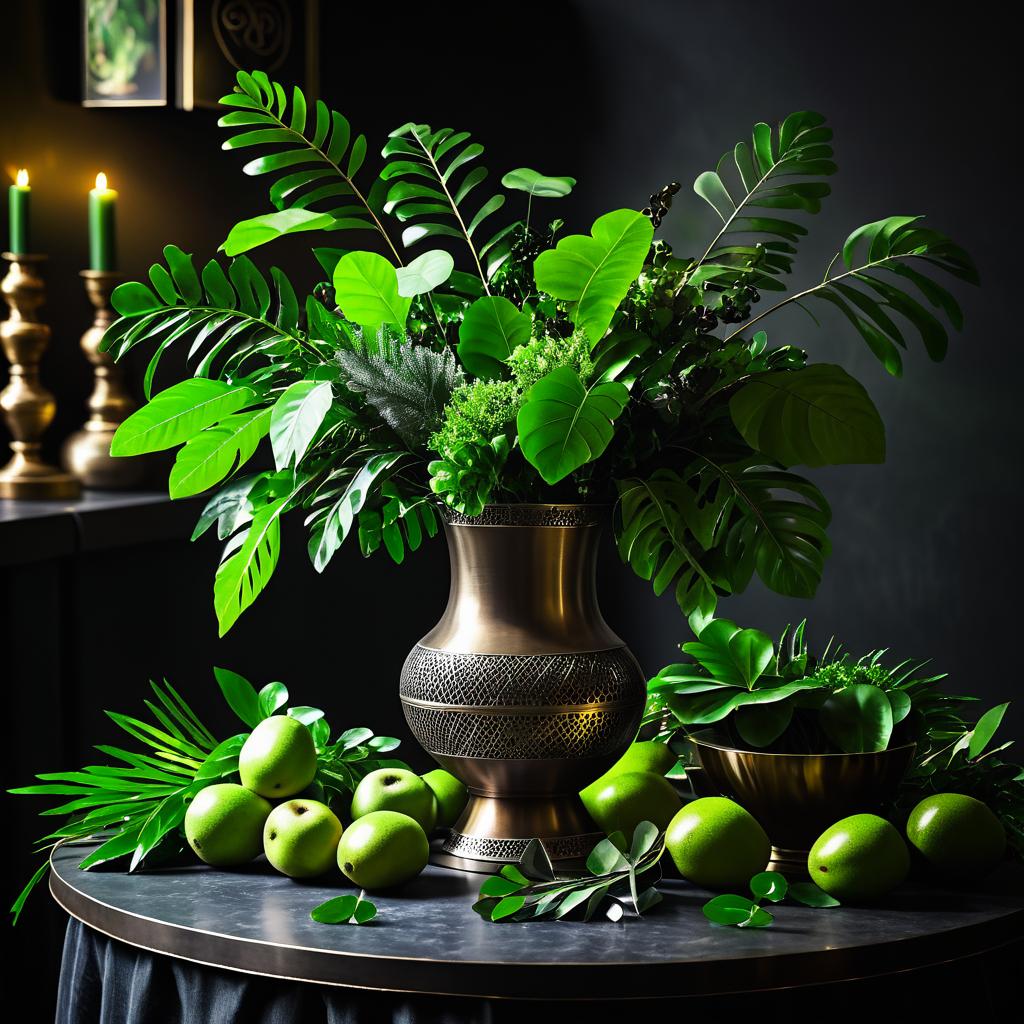 Elegant Metal Vase with Greenery and Kiwis