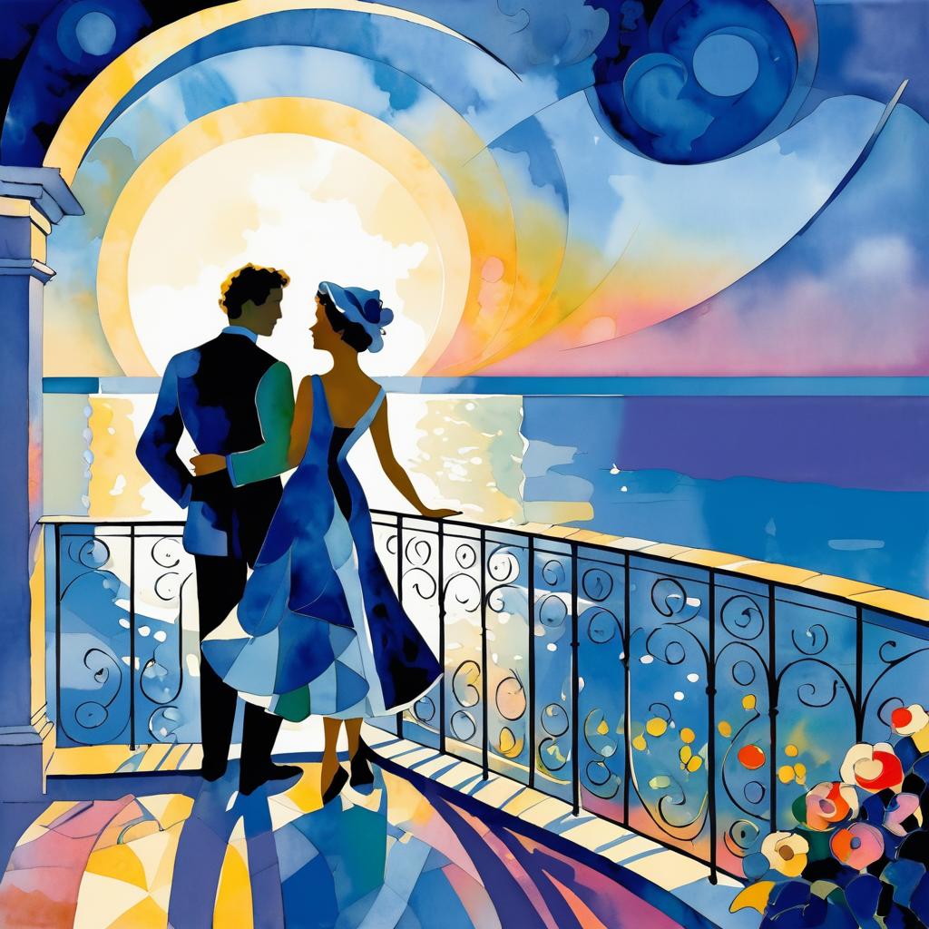 Chagall-Inspired Twilight Balcony Scene