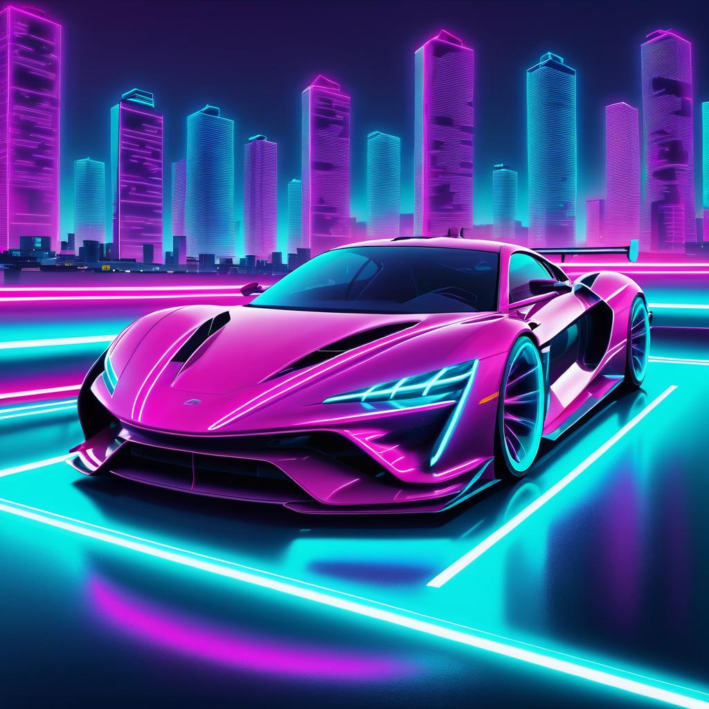 Neon Sports Car Against Urban Skyline