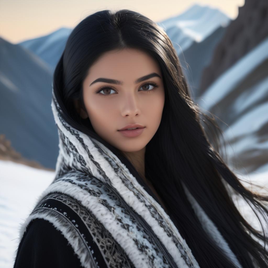 Elegant Middle-Eastern Woman in Mountain Scene