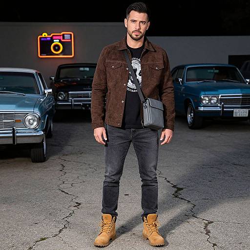 Photorealistic image of a bearded man in brown jacket, black shirt, jeans, and tan boots, standing in a car garage with two classic