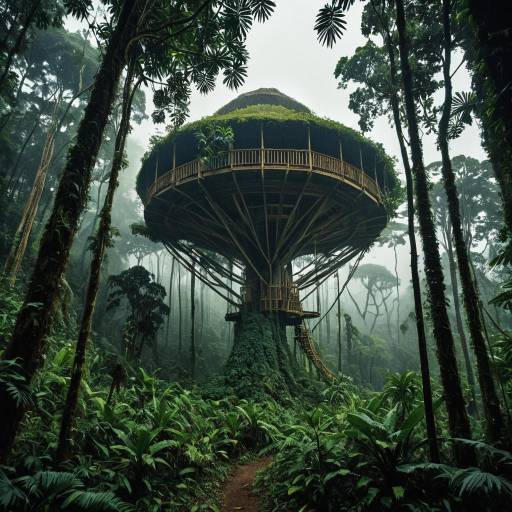 Futuristic Treehouse in Misty Rainforest