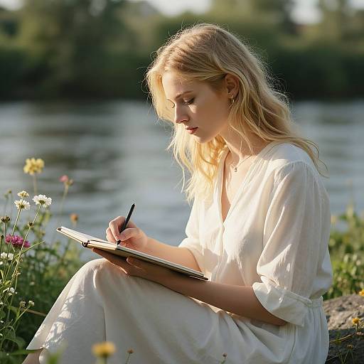 Blonde Girl Sketching by Riverside