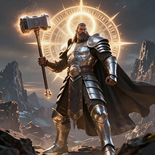 CGI image of a muscular, bearded man in shiny silver armor, holding a glowing hammer, standing in a rocky, mountainous landscape with a