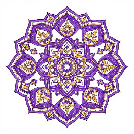 Vibrant digital mandala drawing with intricate purple and yellow patterns, symmetrical design, and detailed floral elements, set against a white background.