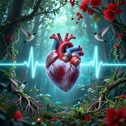 Digital art: Heart with vibrant red and blue arteries, suspended in a lush, mystical forest with hummingbirds, red flowers, and a glowing blue E