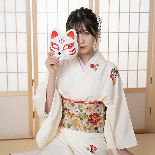 Asian Woman in White Kimono Holding Fox Mask