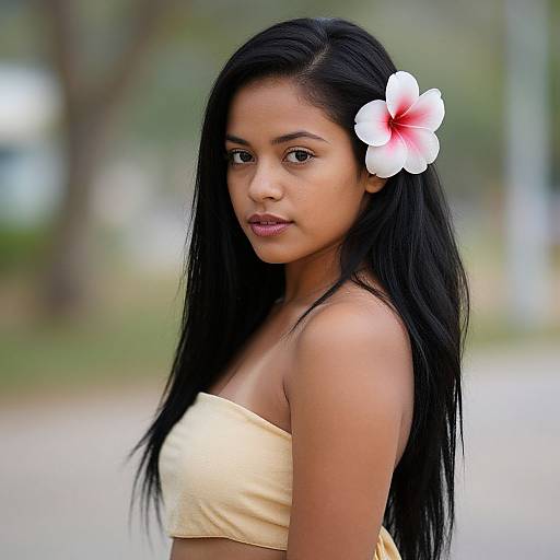 Photograph of a young South Asian woman with long black hair, tan skin, wearing a yellow tube top, and a pink-and-white hibisc