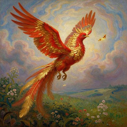 Vibrant digital painting of a fiery red and gold phoenix with outstretched wings, carrying a small bird in its beak, against a swirling