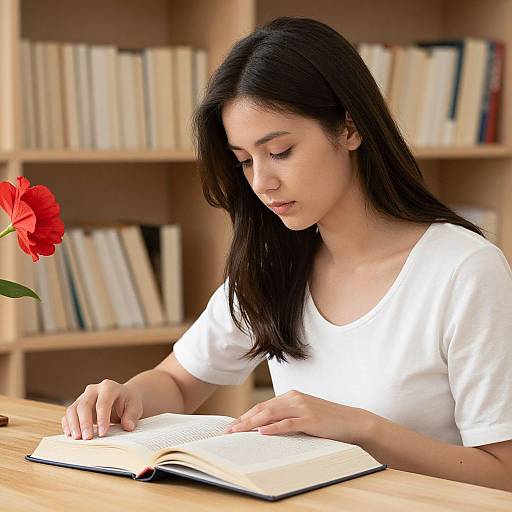 Young Asian woman with long black hair, wearing a white t-shirt, reading an open book in a library with wooden bookshelves, and a red