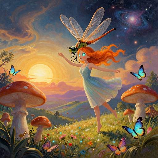 Whimsical digital painting of a fairy with orange hair and transparent dragonfly wings, dancing in a vibrant, magical forest at sunset, surrounded by glowing