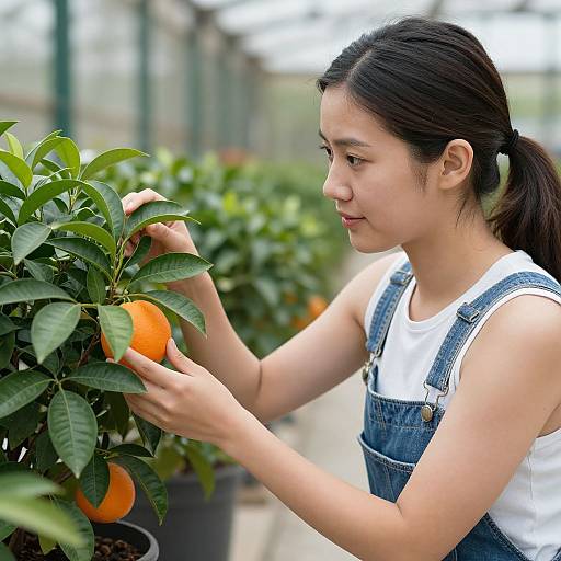 Woman Tending Vibrant Orange Plant