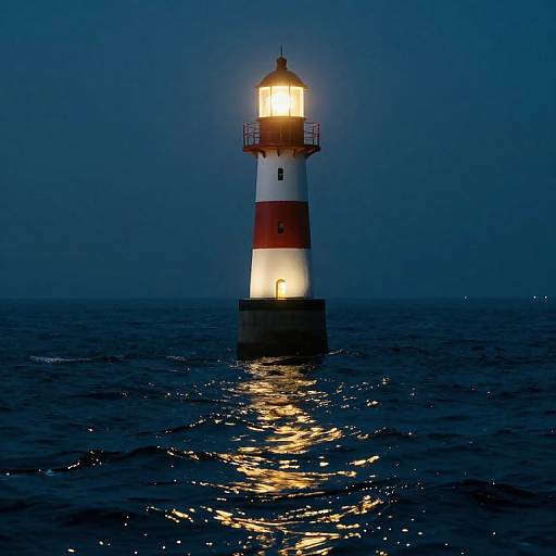 Photograph of a brightly lit, red-and-white striped lighthouse standing alone in dark, reflective ocean water at dusk.