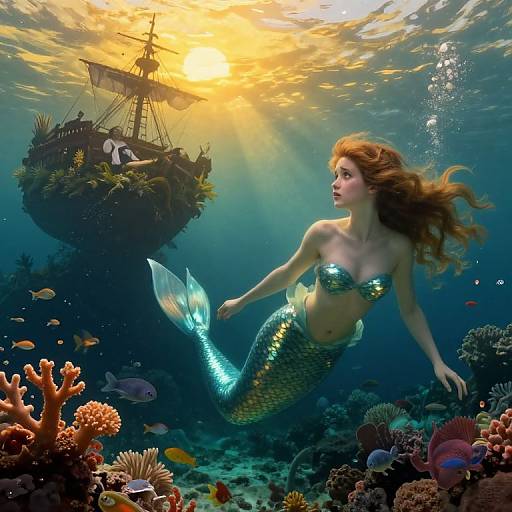 Photorealistic digital art: Red-haired mermaid with shimmering golden scales swims near sunlit, shipwrecked pirate ship amidst vibrant coral reef