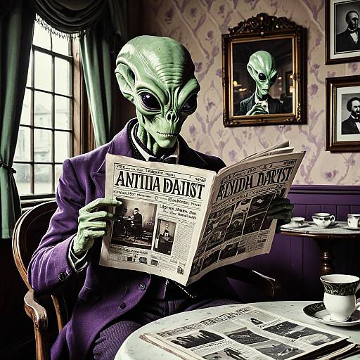 Alien in Victorian Tearoom Reading Newspaper