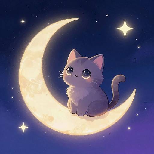 Cute, fluffy grey kitten with big, sparkling eyes sits on a glowing crescent moon in a starry, twilight blue night sky. Digital art
